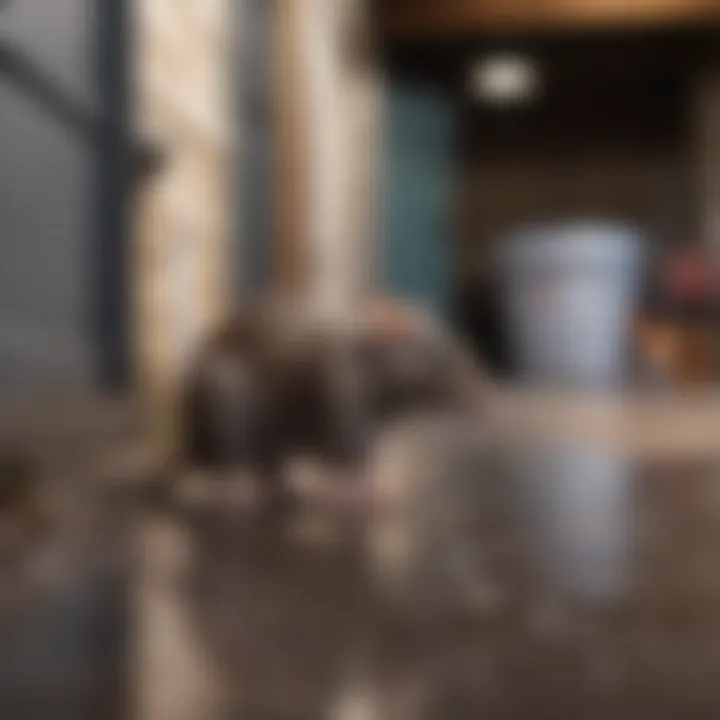 A homeowner inspecting garage corners for signs of rats