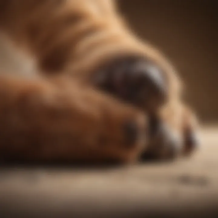 A close-up of a dog examining its paw with curiosity.