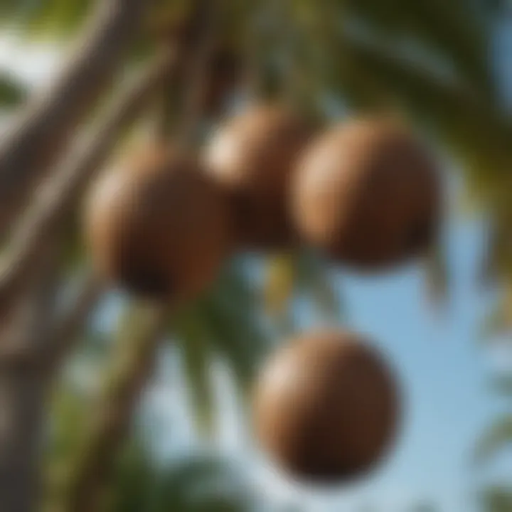 Healthy coconut fruits hanging from a tree