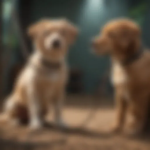 A calm adult dog sitting on a leash, observing a curious puppy nearby.