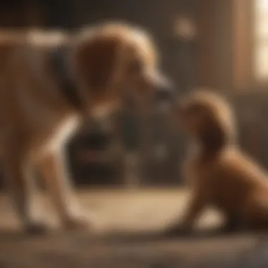 A puppy playfully interacting with an adult dog in a safe environment.