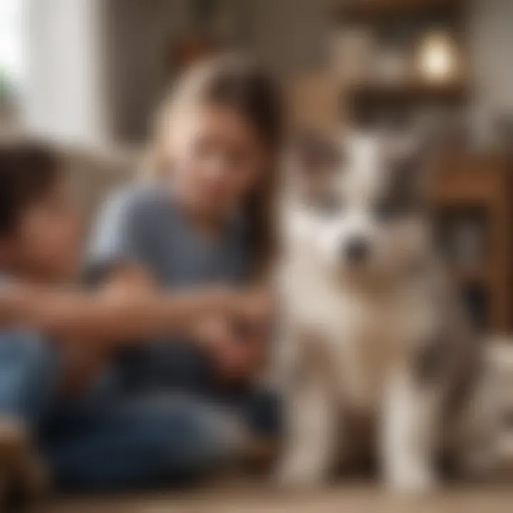 A Huskydoodle puppy interacting with children in a home setting