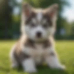 A playful Huskydoodle puppy sitting on a grassy field