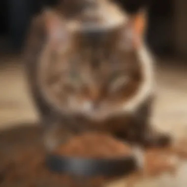 A close-up of a cat enjoying dry food from a bowl