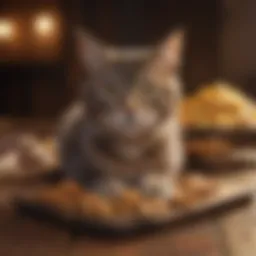 A variety of cat treats displayed artfully on a wooden surface.