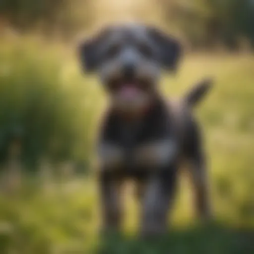 A happy Schnoodle playing in a grassy field