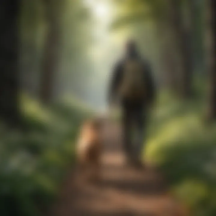 A serene moment depicting a dog and its owner enjoying a peaceful nature walk together.