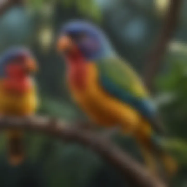Colorful tropical birds perched on a branch