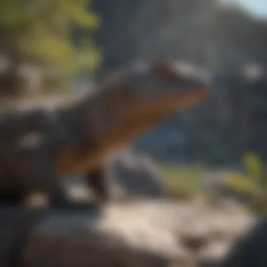 Majestic Komodo dragon basking in the sun on a rocky outcrop