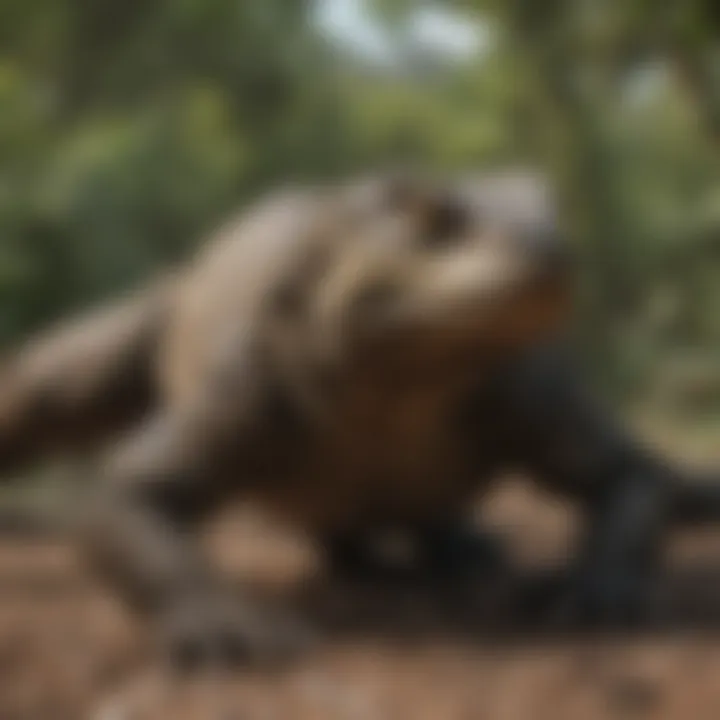 Komodo dragon in a dynamic hunting pose, highlighting its predatory behavior