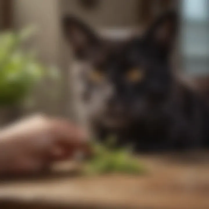 A veterinarian examining a dog with a catnip plant