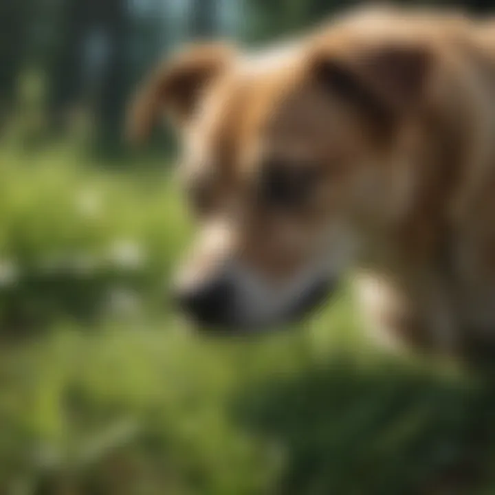 A dog happily chewing on grass