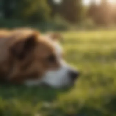 A dog owner observing their pet in a grassy field