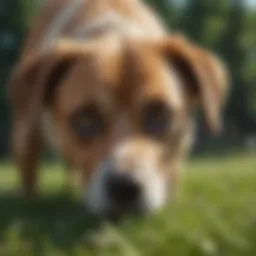 A dog curiously sniffing a patch of grass