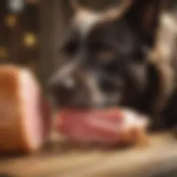 A dog curiously examining a piece of ham