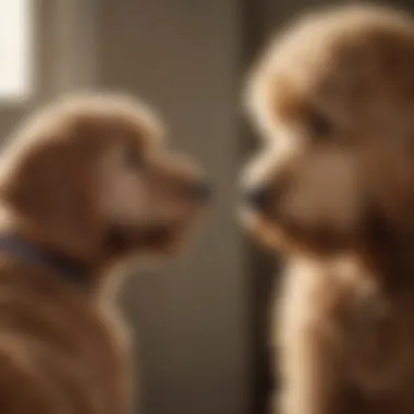 A Labradoodle interacting with a child, highlighting their friendly and gentle nature.