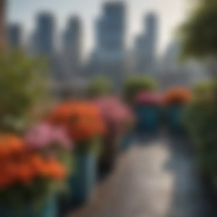 A colorful rooftop garden featuring large flower containers.