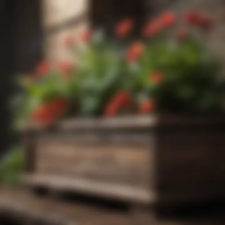 A rustic wooden planter showcasing an array of blooming plants.