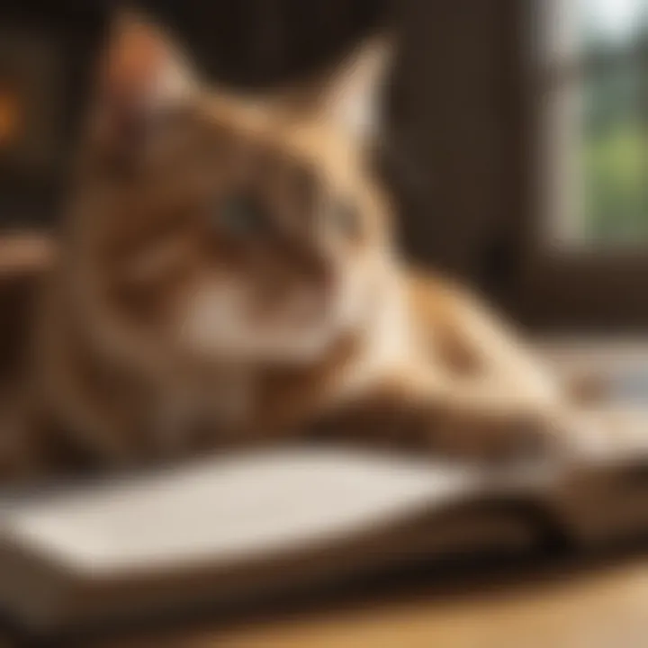 A cat resting peacefully beside a person reading