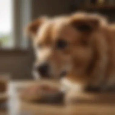 A dog enjoying a meal with low-protein kibble