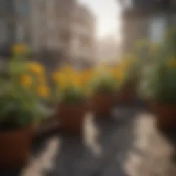 A vibrant display of low sun flowers in various pots arranged on a balcony garden.