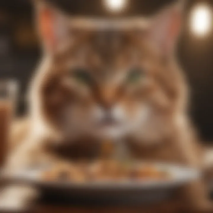 An illustration of a healthy cat enjoying a meal enriched with fiber.