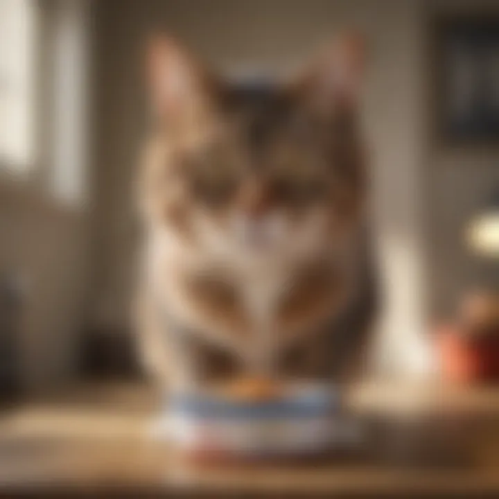 A mature cat enjoying a bowl of Royal Canin food