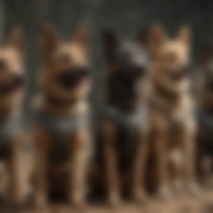 Different breeds of military dogs lined up, illustrating their diversity.