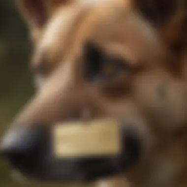 A close-up of a military dog's unique name tag, symbolizing its identity.