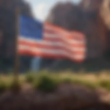 An iconic image of the USA flag displayed prominently at a national monument.