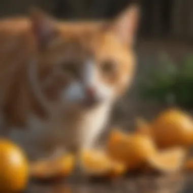 A cat observing a yard with citrus peels scattered around