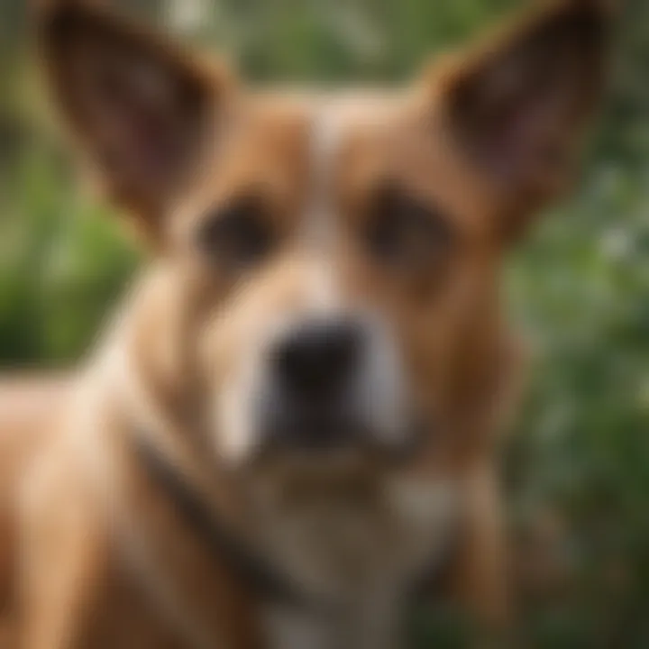 A close-up of a dog surrounded by sprigs of rosemary and mint.