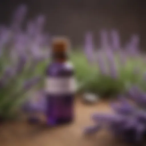 A bottle of lavender essential oil with a background of fresh lavender flowers.