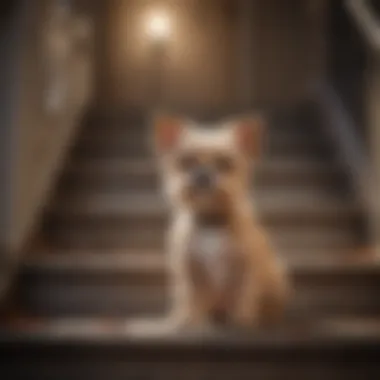 Pet owner and small dog bonding over stairs