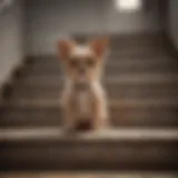 A small dog using stairs to reach a bed