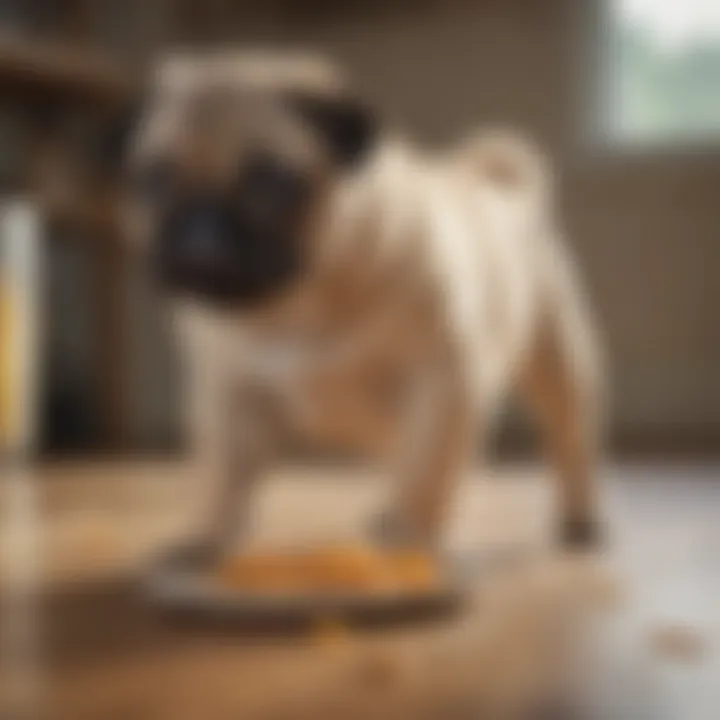 Pug puppy playing energetically after a hearty meal