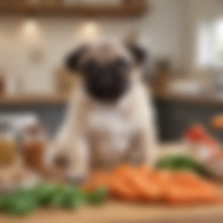 Pug puppy surrounded by healthy ingredients