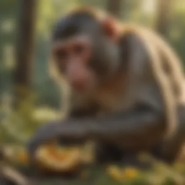 A close-up of a monkey foraging for food in the wild