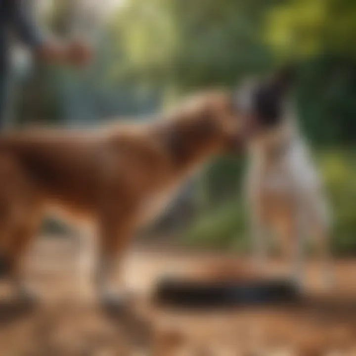 A pet owner engaging with their dog in a playful outdoor setting