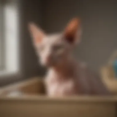 Sphynx cat using a clean litter box