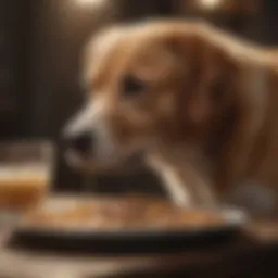 A dog looking content while eating its meal