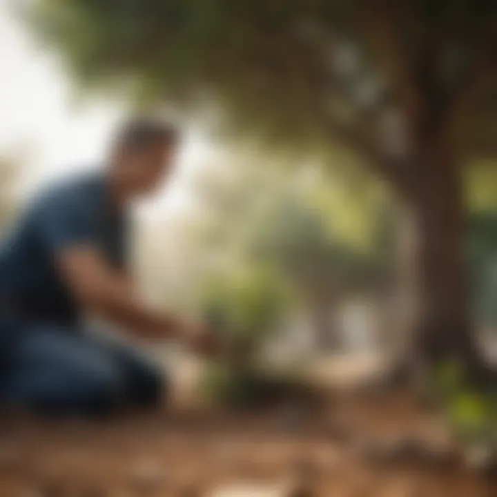 Gardener applying fertilizer to fig tree
