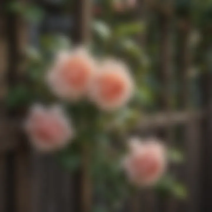 Close-up of a delicate climbing rose on a wooden trellis