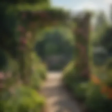 A trellis integrated into a garden with diverse flowering plants