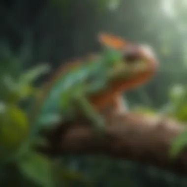 Chameleon in a Naturalistic Setting Chameleon resting on a lush plant