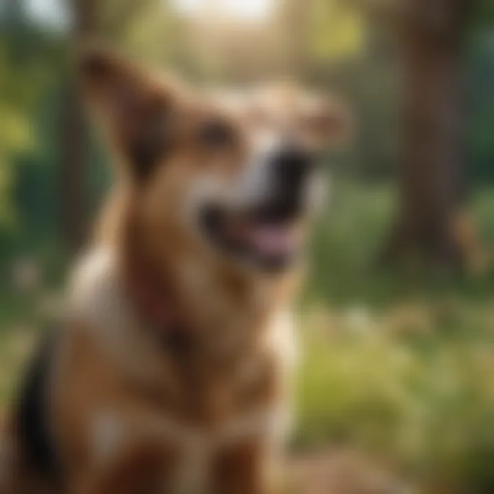 A happy dog chewing on a natural rawhide treat in a lush outdoor setting