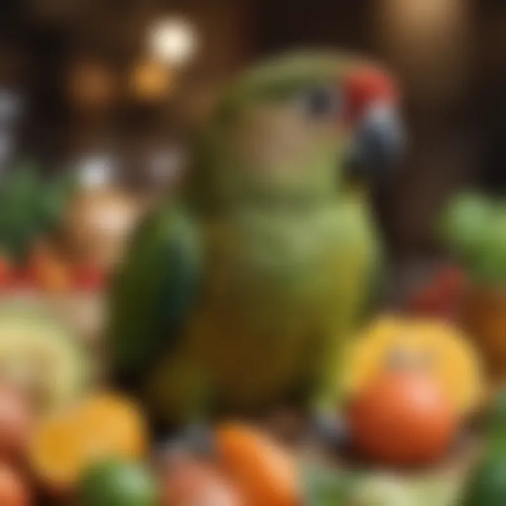 A green cheek conure engaging with a toy while surrounded by an assortment of nutritious food options, emphasizing playfulness and health.