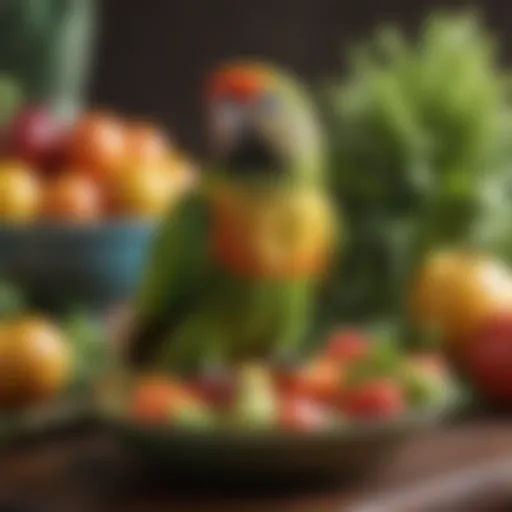 A vibrant green cheek conure perched on a colorful food bowl filled with fresh fruits and vegetables.