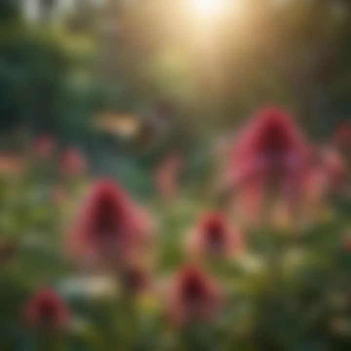 Cluster of potted bee balm in full bloom