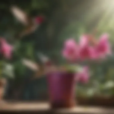 Fuchsia: Attracting Hummingbirds with Elegance Potted fuchsia plant with hummingbirds hovering